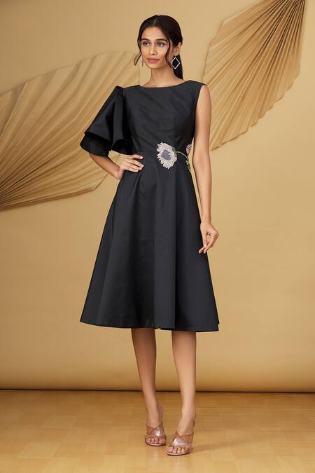 Buy_Rajat K Tangri_Black Tafetta Cutdana And Sequin, Beads Round Flared Midi Dress_Online_at_Aza_Fashions