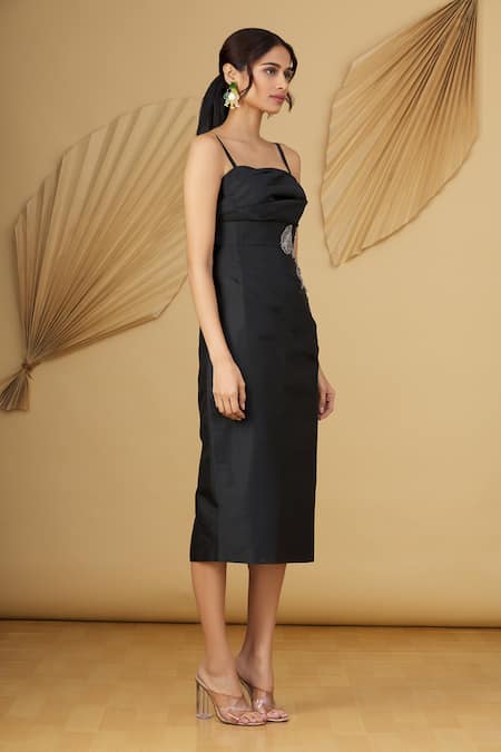 Rajat K Tangri_Black Tafetta Cutdana And Sequin, Beads Square Neck Strappy Midi Dress_Online_at_Aza_Fashions