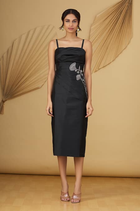 Buy_Rajat K Tangri_Black Tafetta Cutdana And Sequin, Beads Square Neck Strappy Midi Dress_Online_at_Aza_Fashions
