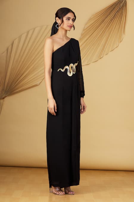 Rajat K Tangri_Black Georgette Sequin And Cutdana One Shoulder Jumpsuit _Online_at_Aza_Fashions