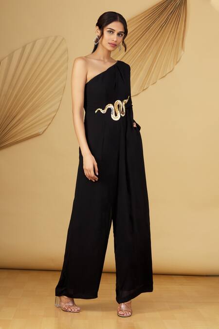 Buy_Rajat K Tangri_Black Georgette Sequin And Cutdana One Shoulder Jumpsuit _Online_at_Aza_Fashions