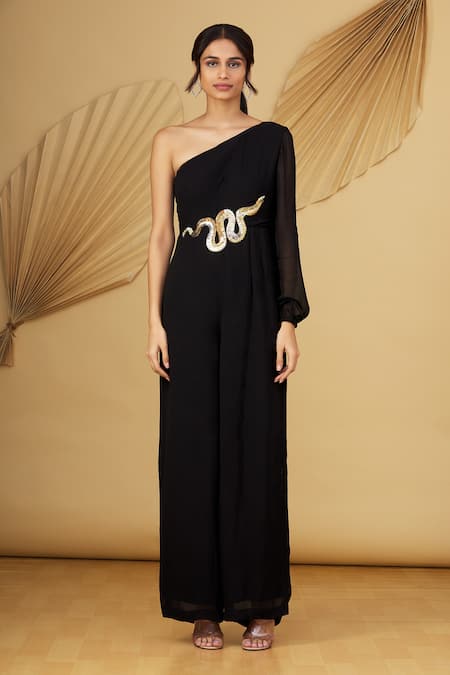 Shop_Rajat K Tangri_Black Georgette Sequin And Cutdana One Shoulder Jumpsuit _Online_at_Aza_Fashions