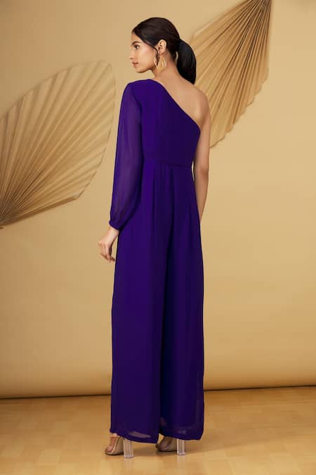 Shop Rajat K Tangri Blue Georgette Sequin And Cutdana One Shoulder Jumpsuit at Aza Fashions Shop_Rajat K Tangri_Blue Georgette Sequin And Cutdana One Shoulder Jumpsuit _at_Aza_Fashions