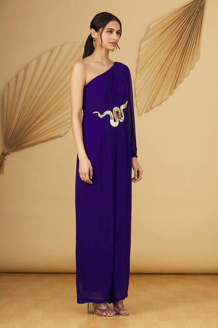 Rajat K Tangri Blue Georgette Sequin And Cutdana One Shoulder Jumpsuit Online at Aza Fashions Rajat K Tangri_Blue Georgette Sequin And Cutdana One Shoulder Jumpsuit _Online_at_Aza_Fashions