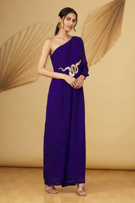 Buy Rajat K Tangri Blue Georgette Sequin And Cutdana One Shoulder Jumpsuit Online at Aza Fashions Buy_Rajat K Tangri_Blue Georgette Sequin And Cutdana One Shoulder Jumpsuit _Online_at_Aza_Fashions