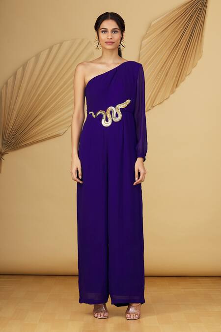 Shop Rajat K Tangri Blue Georgette Sequin And Cutdana One Shoulder Jumpsuit Online at Aza Fashions Shop_Rajat K Tangri_Blue Georgette Sequin And Cutdana One Shoulder Jumpsuit _Online_at_Aza_Fashions