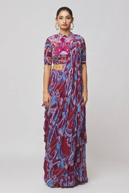 Diyarajvvir_Purple Georgette, Modal, Linen Cut Work, Mirrors Printed Skirt Saree With Blouse _at_Aza_Fashions