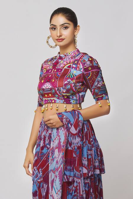 Shop_Diyarajvvir_Purple Georgette, Modal, Linen Cut Work, Mirrors Printed Skirt Saree With Blouse _Online_at_Aza_Fashions