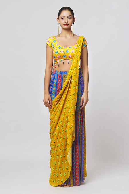 Diyarajvvir_Yellow Georgette, Modal, Linen Cut Work, Printed Gharara Saree With Blouse _at_Aza_Fashions