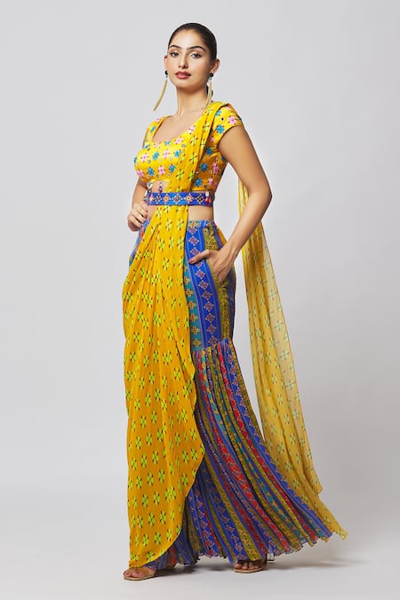 Diyarajvvir_Yellow Georgette, Modal, Linen Cut Work, Printed Gharara Saree With Blouse _Online_at_Aza_Fashions