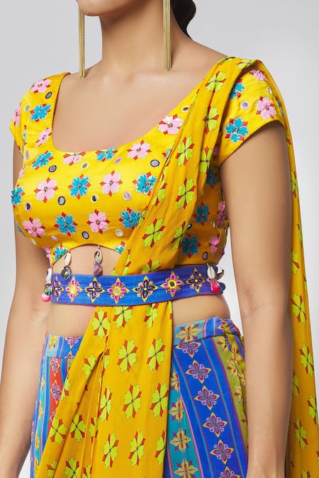 Buy_Diyarajvvir_Yellow Georgette, Modal, Linen Cut Work, Printed Gharara Saree With Blouse _Online_at_Aza_Fashions