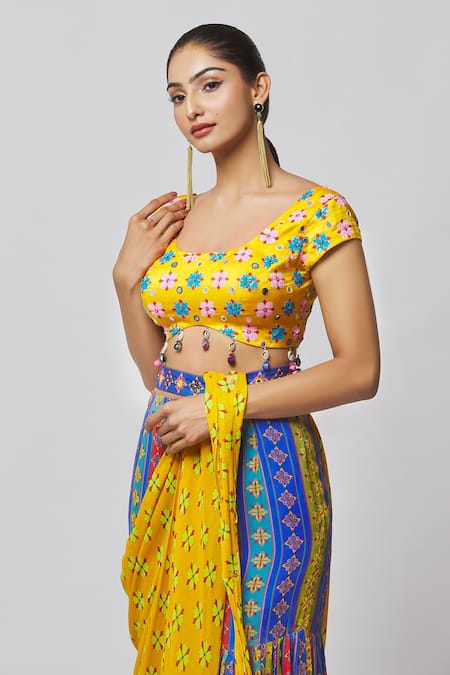 Shop_Diyarajvvir_Yellow Georgette, Modal, Linen Cut Work, Printed Gharara Saree With Blouse _Online_at_Aza_Fashions