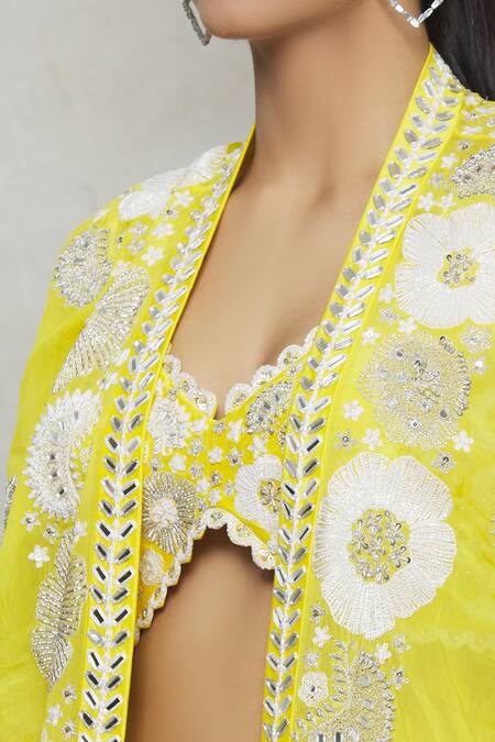 Shop_Mishru_Yellow Embroidery Mirror V Neck Floral Cape Lehenga Set _Online_at_Aza_Fashions