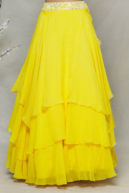 Mishru_Yellow Embroidery Mirror V Neck Floral Cape Lehenga Set _at_Aza_Fashions