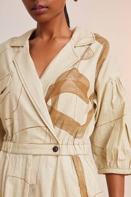 Shop_Cord_Off White Cotton Collared Top Stitch Printed Jumpsuit _Online_at_Aza_Fashions