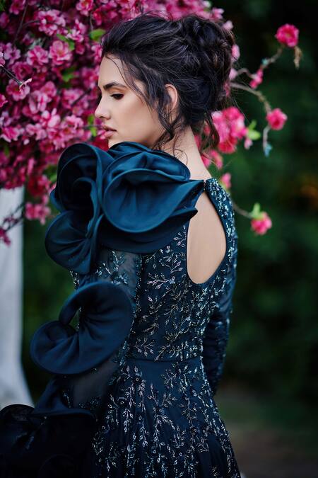 Shop Suruchi Parakh Blue Organza And Satin Lining Shantoon Sequin, Cutdana & Beads Embellished Gown at Aza Fashions Shop_Suruchi Parakh_Blue Organza And Satin Lining Shantoon Sequin, Cutdana & Beads Embellished Gown_at_Aza_Fashions