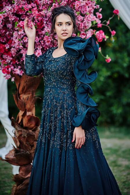 Suruchi Parakh Blue Organza And Satin Lining Shantoon Sequin, Cutdana & Beads Embellished Gown Online at Aza Fashions Suruchi Parakh_Blue Organza And Satin Lining Shantoon Sequin, Cutdana & Beads Embellished Gown_Online_at_Aza_Fashions