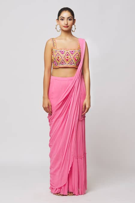 Buy_Diyarajvvir_Pink Georgette, Modal Embroidery, Cut Work, Gharara Saree Set With Printed Cape 
