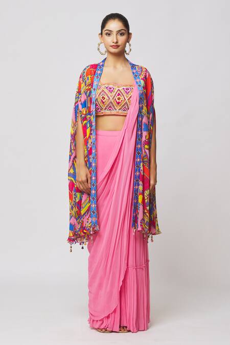 Diyarajvvir_Pink Georgette, Modal Embroidery, Cut Work, Gharara Saree Set With Printed Cape _Online_at_Aza_Fashions