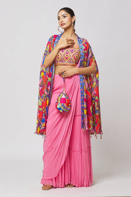 Buy_Diyarajvvir_Pink Georgette, Modal Embroidery, Cut Work, Gharara Saree Set With Printed Cape _Online_at_Aza_Fashions