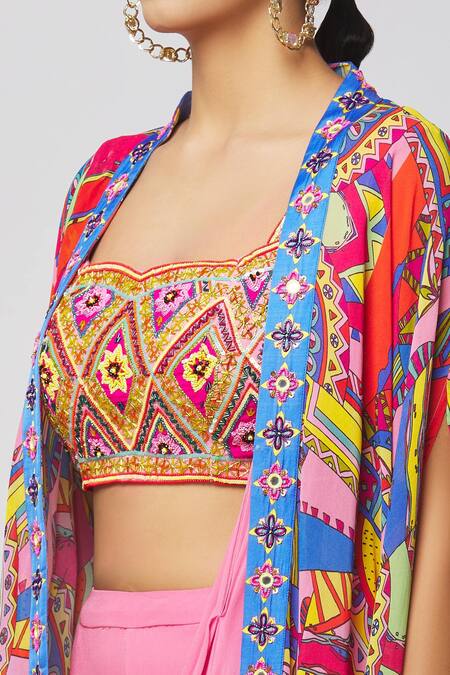 Shop_Diyarajvvir_Pink Georgette, Modal Embroidery, Cut Work, Gharara Saree Set With Printed Cape _Online_at_Aza_Fashions