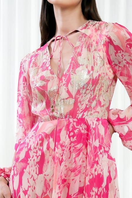 Mandira Wirk Resort Multi Color Chiffon, Brocade Embroidery Turtle Neck Orchid Print High Low Dress Online at Aza Fashions Mandira Wirk Resort_Multi Color Chiffon, Brocade Embroidery Turtle Neck Orchid Print High Low Dress _Online_at_Aza_Fashions