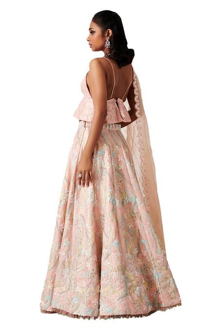 Shop Amaare Peach Taffeta Embroidery V Neck Embellished Lehenga Set at Aza Fashions Shop_Amaare_Peach Taffeta Embroidery V Neck Embellished Lehenga Set _at_Aza_Fashions