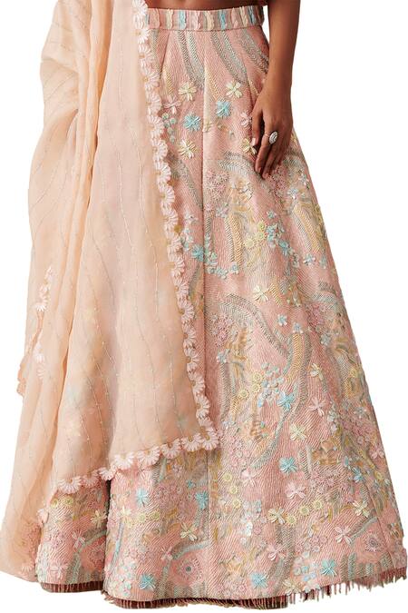 Shop Amaare Peach Taffeta Embroidery V Neck Embellished Lehenga Set Online at Aza Fashions Shop_Amaare_Peach Taffeta Embroidery V Neck Embellished Lehenga Set _Online_at_Aza_Fashions