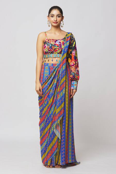 Diyarajvvir_Blue Georgette, Modal, Linen Tassels, Aztec Stripe Printed Sharara Saree Set _at_Aza_Fashions