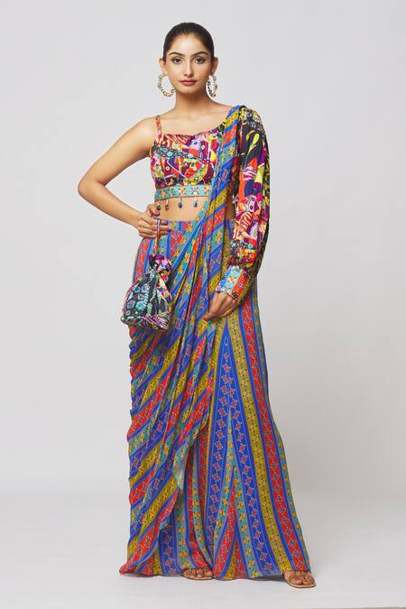 Diyarajvvir_Blue Georgette, Modal, Linen Tassels, Aztec Stripe Printed Sharara Saree Set _Online_at_Aza_Fashions