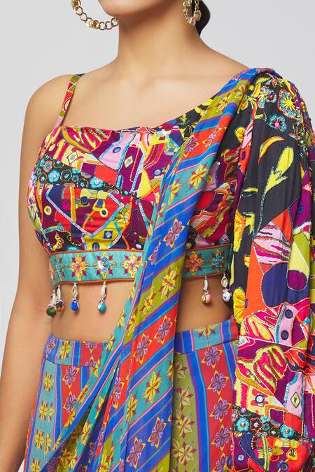 Buy_Diyarajvvir_Blue Georgette, Modal, Linen Tassels, Aztec Stripe Printed Sharara Saree Set _Online_at_Aza_Fashions