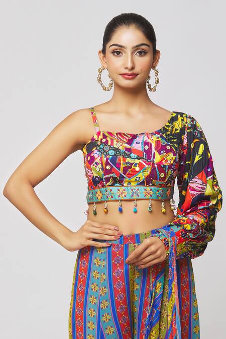 Shop_Diyarajvvir_Blue Georgette, Modal, Linen Tassels, Aztec Stripe Printed Sharara Saree Set _Online_at_Aza_Fashions