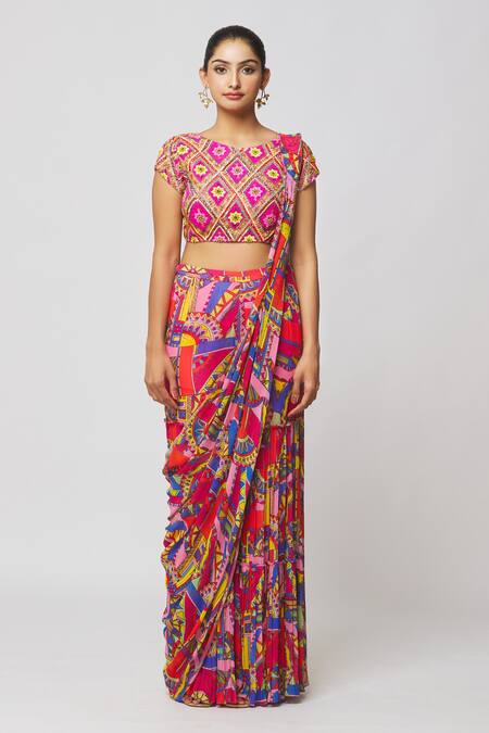 Diyarajvvir_Pink Georgette, Modal Embroidery, Cut Work Printed Gharara Saree With Blouse _at_Aza_Fashions