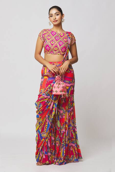 Diyarajvvir_Pink Georgette, Modal Embroidery, Cut Work Printed Gharara Saree With Blouse _Online_at_Aza_Fashions