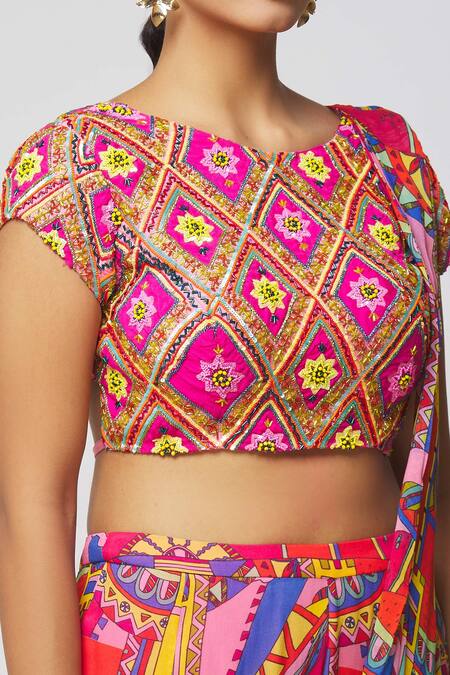 Buy_Diyarajvvir_Pink Georgette, Modal Embroidery, Cut Work Printed Gharara Saree With Blouse _Online_at_Aza_Fashions