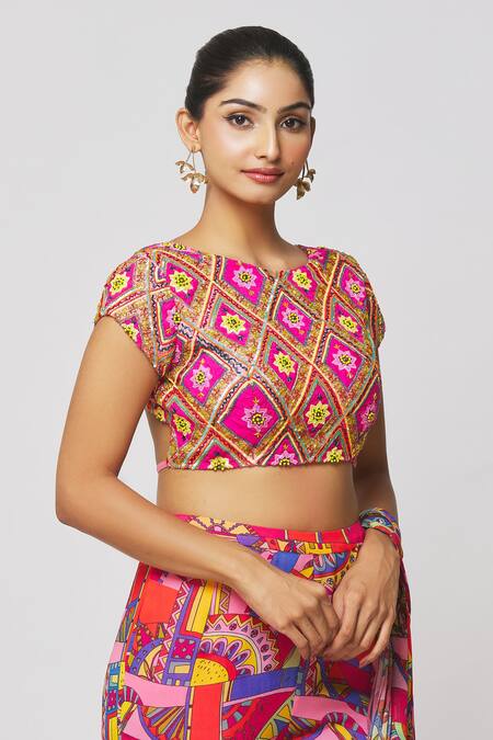 Shop_Diyarajvvir_Pink Georgette, Modal Embroidery, Cut Work Printed Gharara Saree With Blouse _Online_at_Aza_Fashions