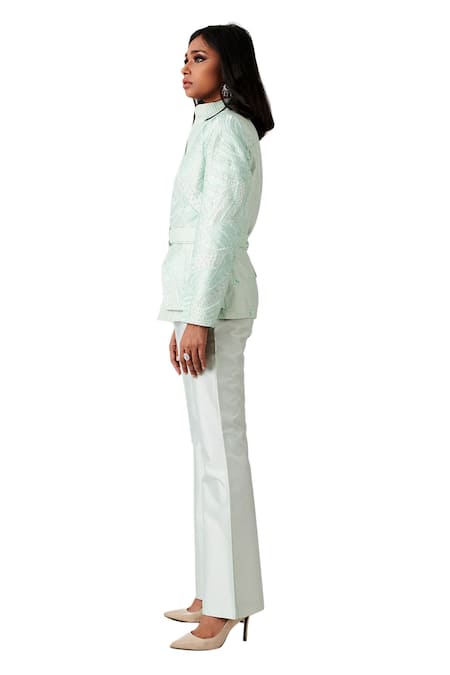 Amaare_Blue Taffeta High Neck Embellished Jacket And Pant Set_Online_at_Aza_Fashions
