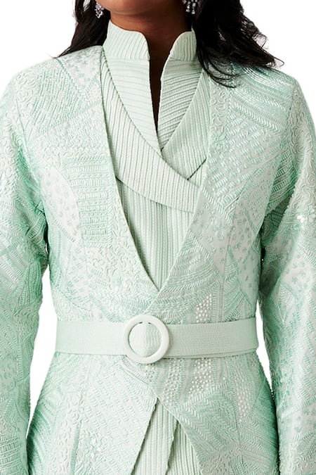 Shop_Amaare_Blue Taffeta High Neck Embellished Jacket And Pant Set_Online_at_Aza_Fashions