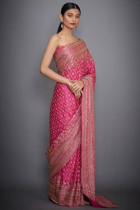 RI.Ritu Kumar_Fuchsia Satin Embroidered Saree With Unstitched Blouse_Online_at_Aza_Fashions