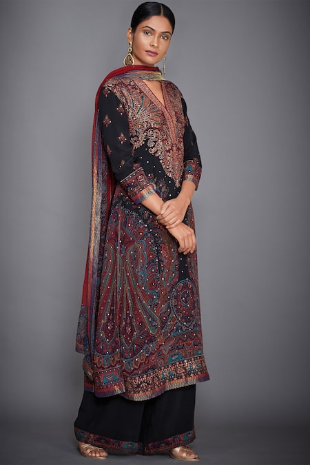 RI.Ritu Kumar Black Silk V Neck Printed Kurta And Palazzo Set Online at Aza Fashions RI.Ritu Kumar_Black Silk V Neck Printed Kurta And Palazzo Set _Online_at_Aza_Fashions