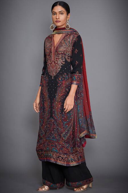Buy RI.Ritu Kumar Black Silk V Neck Printed Kurta And Palazzo Set Online at Aza Fashions Buy_RI.Ritu Kumar_Black Silk V Neck Printed Kurta And Palazzo Set _Online_at_Aza_Fashions