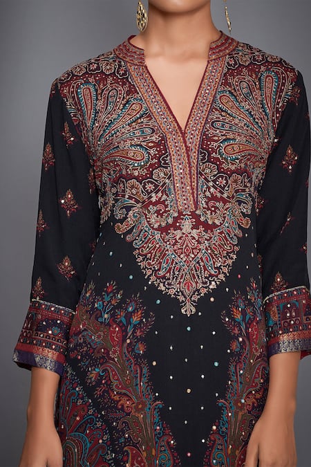 Shop RI.Ritu Kumar Black Silk V Neck Printed Kurta And Palazzo Set Online at Aza Fashions Shop_RI.Ritu Kumar_Black Silk V Neck Printed Kurta And Palazzo Set _Online_at_Aza_Fashions