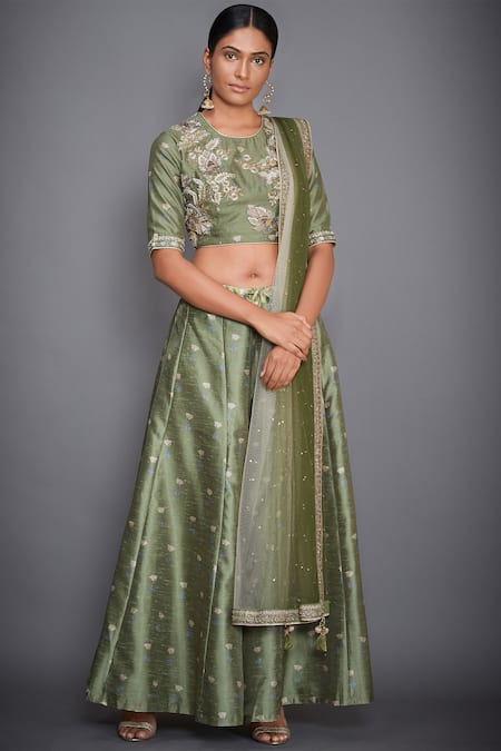 RI.Ritu Kumar Green Polyester Dupion Round Embroidered Blouse With Palazzos And Dupatta 