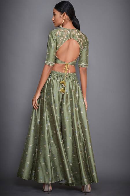 Shop_RI.Ritu Kumar_Green Polyester Dupion Round Embroidered Blouse With Palazzos And Dupatta_at_Aza_Fashions