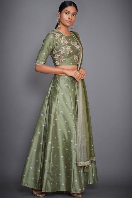RI.Ritu Kumar_Green Polyester Dupion Round Embroidered Blouse With Palazzos And Dupatta_Online_at_Aza_Fashions