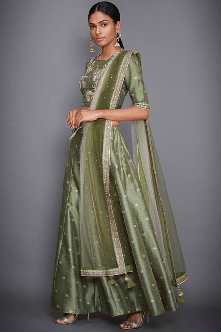 Buy_RI.Ritu Kumar_Green Polyester Dupion Round Embroidered Blouse With Palazzos And Dupatta_Online_at_Aza_Fashions