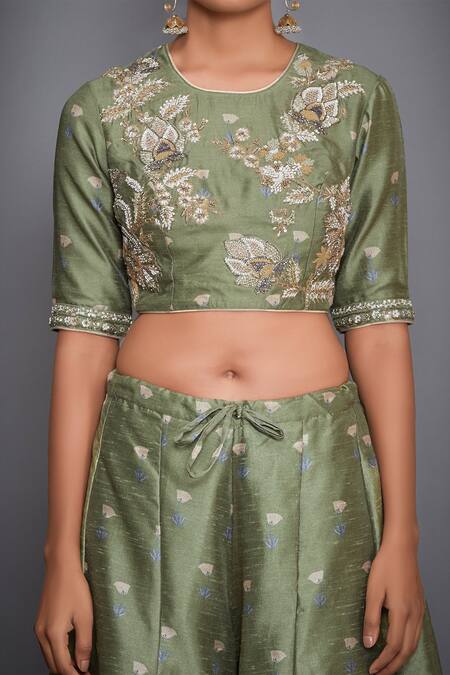 Shop_RI.Ritu Kumar_Green Polyester Dupion Round Embroidered Blouse With Palazzos And Dupatta_Online_at_Aza_Fashions