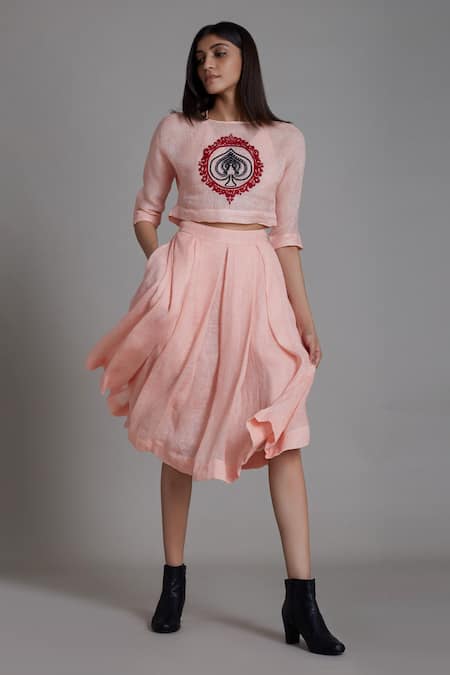 Mati Pink Pure Linen Flared Skirt 