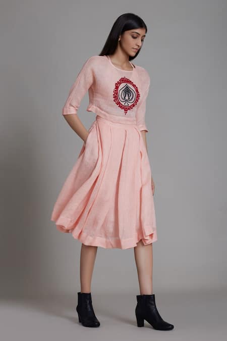 MATI_Pink Pure Linen Flared Skirt_Online_at_Aza_Fashions