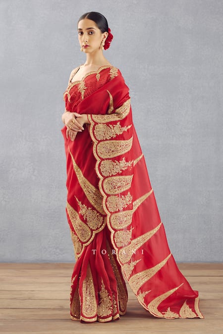 Torani_Red Silk Organza Dori, Adda Sindoori Geetika Saree _Online_at_Aza_Fashions